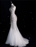Niulatu Mermaid Strapless Tulle With Silver Beads Long Wedding Dresses Brides Dress SD1864