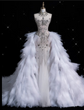 Niulatu Mermaid Strapless Tulle With Silver Beads Long Wedding Dresses Brides Dress SD1864