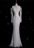 Niulatu Mermaid Off The Shoulder White Sequin Long Sleeves Wedding Dresses Brides Dress S1867