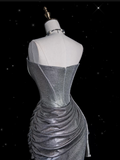 Niulatu Mermaid Strapless Sequin Silver Evening Gowns Long Prom Dresses SD1868