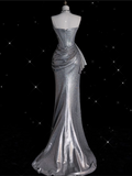 Niulatu Mermaid Strapless Sequin Silver Evening Gowns Long Prom Dresses SD1868