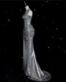 Niulatu Mermaid Strapless Sequin Silver Evening Gowns Long Prom Dresses SD1868