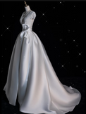 Niulatu Ball Gown V Neckline Satin White Long Wedding Dresses Brides Dress SD1869