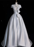 Niulatu Ball Gown V Neckline Satin White Long Wedding Dresses Brides Dress SD1869