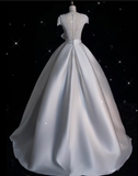 Niulatu Ball Gown V Neckline Satin White Long Wedding Dresses Brides Dress SD1869