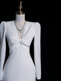 Niulatu Mermaid V Neckline Long Sleeves White Satin Wedding Dresses Brides Dress SD1870