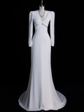 Niulatu Mermaid V Neckline Long Sleeves White Satin Wedding Dresses Brides Dress SD1870
