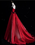 Niulatu Ball Gown Strapless Red Satin Evening Gowns Long Prom Dresses SD1871