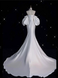 Niulatu Mermaid Strapless Short Sleeves White Satin Wedding Dresses Brides Dress SD1872