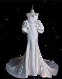 Niulatu Mermaid Strapless Short Sleeves White Satin Wedding Dresses Brides Dress SD1872