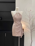 Niulatu Sheath Halter Ruffled Pink Women's Holiday Dresses SD187