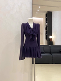Niulatu A line V Neckline Ruffled Grape Short Long Sleeve Women Dresses SD188