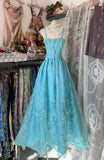 Niulatu Fashion A line Spaghetti Straps Light Blue Floor Length Evening Dress Prom Dresses SD1901