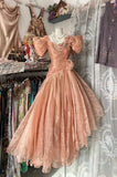 Niulatu High Low Short Sleeves Flowers Evening Dress Prom Dresses SD1906