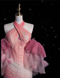 Niulatu Fashion Mermaid Halter Pink Tulle Floor Length Evening Dress Prom Dresses SD1914