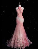 Niulatu Fashion Mermaid Halter Pink Tulle Floor Length Evening Dress Prom Dresses SD1914