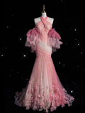 Niulatu Fashion Mermaid Halter Pink Tulle Floor Length Evening Dress Prom Dresses SD1914