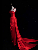 Niulatu Fashion Sheath Straps Red Satin Floor Length Evening Dress Prom Dresses SD1917