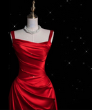 Niulatu Fashion Sheath Straps Red Satin Floor Length Evening Dress Prom Dresses SD1917