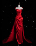 Niulatu Fashion Sheath Straps Red Satin Floor Length Evening Dress Prom Dresses SD1917