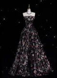 Niulatu Fashion Ball Gown Strapless Black Floral Floor Length Evening Dress Prom Dresses SD1919