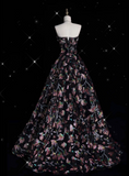 Niulatu Fashion Ball Gown Strapless Black Floral Floor Length Evening Dress Prom Dresses SD1919