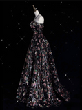 Niulatu Fashion Ball Gown Strapless Black Floral Floor Length Evening Dress Prom Dresses SD1919