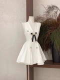 Niulatu A Line V Neckline Ruffled White Women's Holiday Dresses SD191