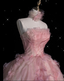 Niulatu Fashion Ball Gown Strapless Pink Floral Floor Length Evening Dress Prom Dresses SD1920