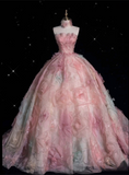 Niulatu Fashion Ball Gown Strapless Pink Floral Floor Length Evening Dress Prom Dresses SD1920