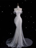 Niulatu Mermaid Off The Shoulder Sequin Short Sleeves White Wedding Dresses Brides Dress SD1930