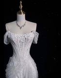 Niulatu Mermaid Off The Shoulder Sequin Short Sleeves White Wedding Dresses Brides Dress SD1930