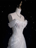 Niulatu Mermaid Off The Shoulder Sequin Short Sleeves White Wedding Dresses Brides Dress SD1930