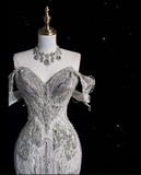 Niulatu Mermaid Off The Shoulder Sequin Short Sleeves White Wedding Dresses Brides Dress SD1932