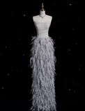 Niulatu Mermaid Strapless Feathers Floor Length Evening Dress Gray Prom Dresses SD1936