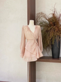 Niulatu 2 Pieces Ruffled Long Sleeves Pink Women's Short Vacation Dresses SD193