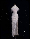 Niulatu Mermaid Strapless Feathers Floor Length Evening Dress Sequin Prom Dresses SD1937