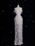 Niulatu Mermaid Strapless Feathers Floor Length Evening Dress Sequin Prom Dresses SD1937