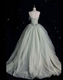 Niulatu Ball Gown Strapless Sage Green Tulle Party Dress Long Prom Dress Evening Dresses SD1941
