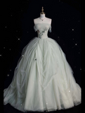 Niulatu Ball Gown Strapless Sage Green Tulle Party Dress Long Prom Dress Evening Dresses SD1941