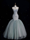 Niulatu Mermaid Strapless Sage Green Floor Length Evening Dress Tulle Prom Dresses SD1944