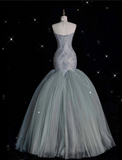 Niulatu Mermaid Strapless Sage Green Floor Length Evening Dress Tulle Prom Dresses SD1944