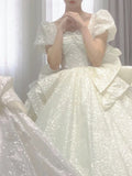 Niulatu Ball Gown Square Neckline Short Sleeves Sequin White Wedding Dresses Brides Dress SD1945
