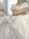 Niulatu Ball Gown Square Neckline Short Sleeves Sequin White Wedding Dresses Brides Dress SD1945