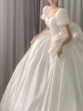 Niulatu Ball Gown Square Neckline Short Sleeves Sequin White Wedding Dresses Brides Dress SD1945