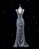Niulatu Mermaid Halter Silver Sequin Long Evening Dress Sexy Prom Dresses SD1945