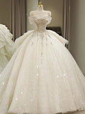 Niulatu Ball Gown Off The Shoulder Sequin Short Sleeves White Wedding Dresses Brides Dress SD1947