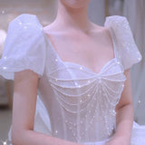 Niulatu Ball Gown Square Neckline Short Sleeves Sequin White Wedding Dresses Brides Dress SD1948