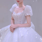 Niulatu Ball Gown Square Neckline Short Sleeves Sequin White Wedding Dresses Brides Dress SD1948