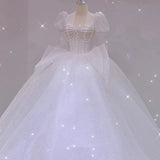 Niulatu Ball Gown Square Neckline Short Sleeves Sequin White Wedding Dresses Brides Dress SD1948